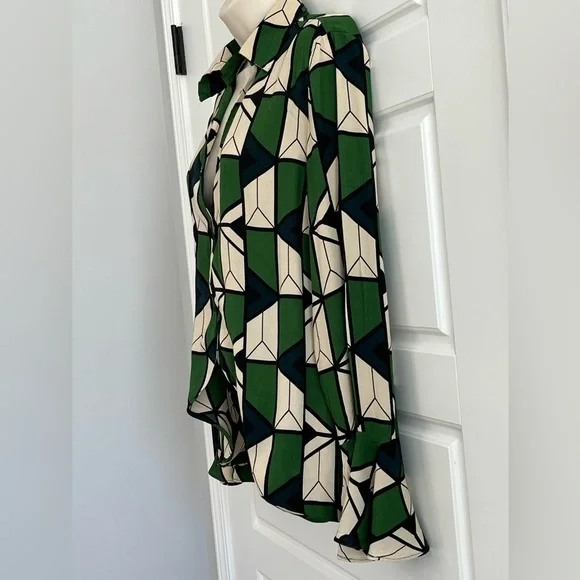 Zara Green Black Cream Geometric Printed Collared V-neckline Blouse Size Large - Picture 7 of 16